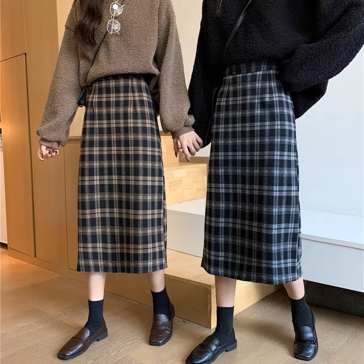 双子コーデ チェック柄ミモレ丈スカート ハイウエスト スリット入り