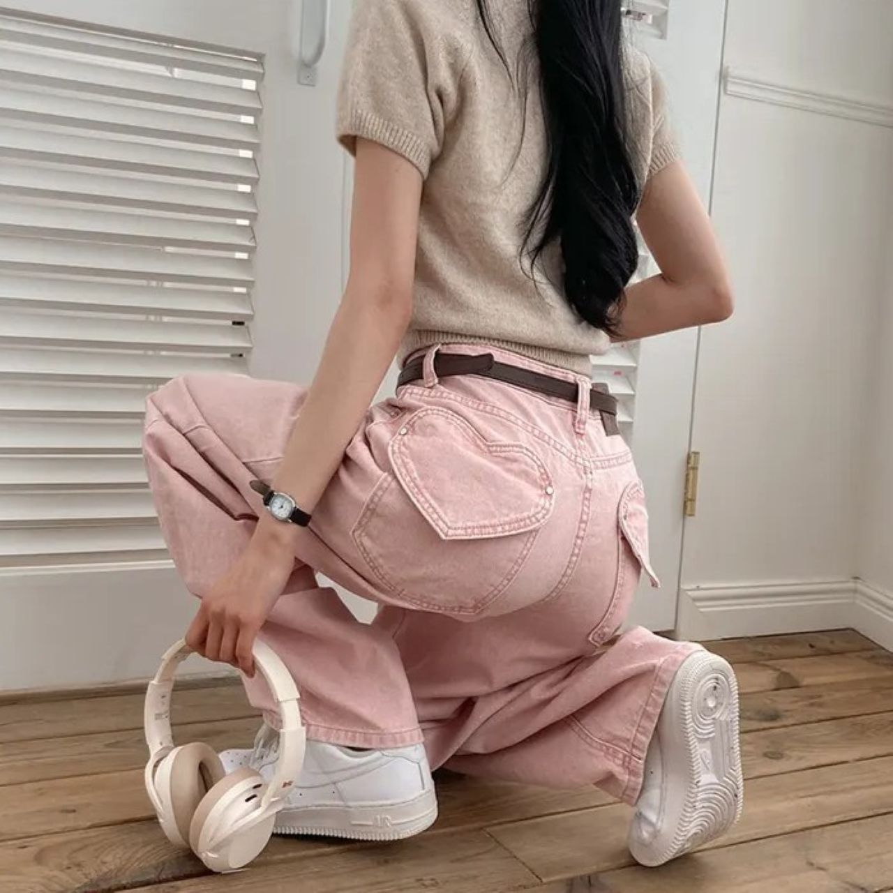 双子コーデ ハートポケットデザイン デニムパンツ ハイウエスト ワイドレッグ