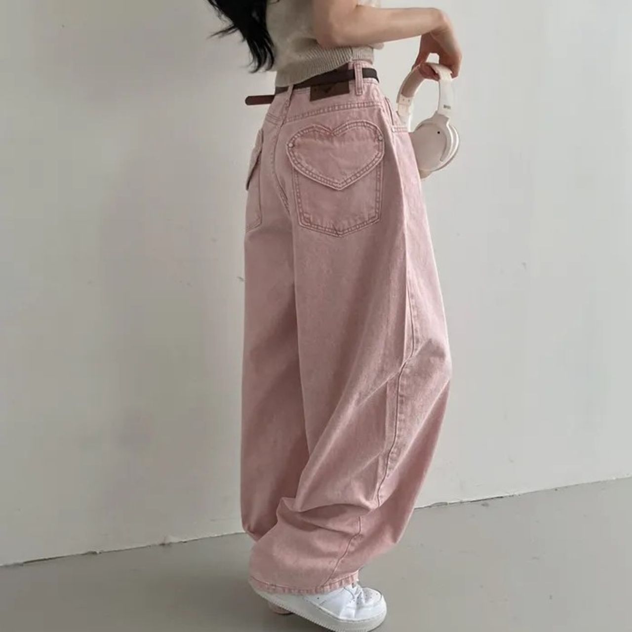 双子コーデ ハートポケットデザイン デニムパンツ ハイウエスト ワイドレッグ
