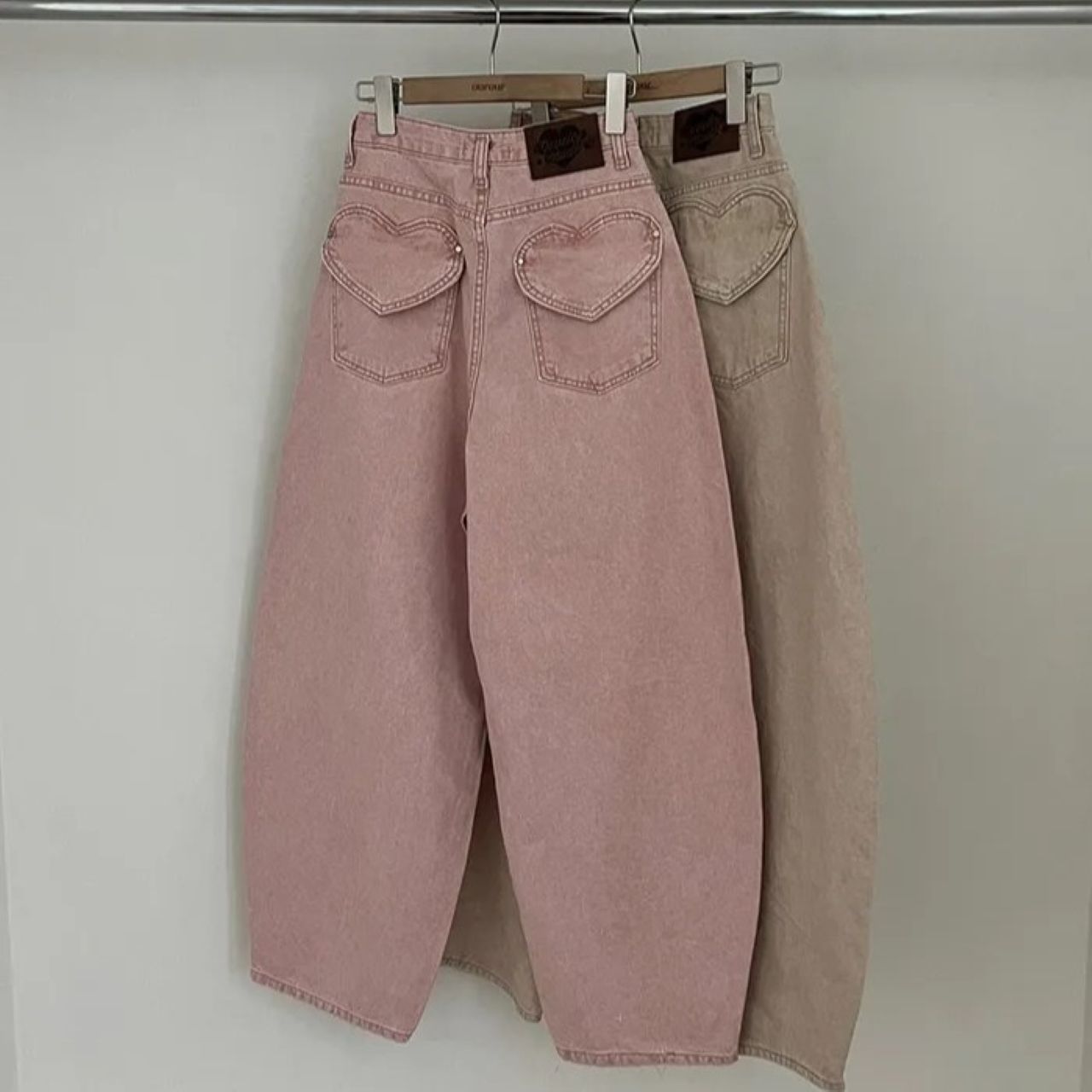 双子コーデ ハートポケットデザイン デニムパンツ ハイウエスト ワイドレッグ