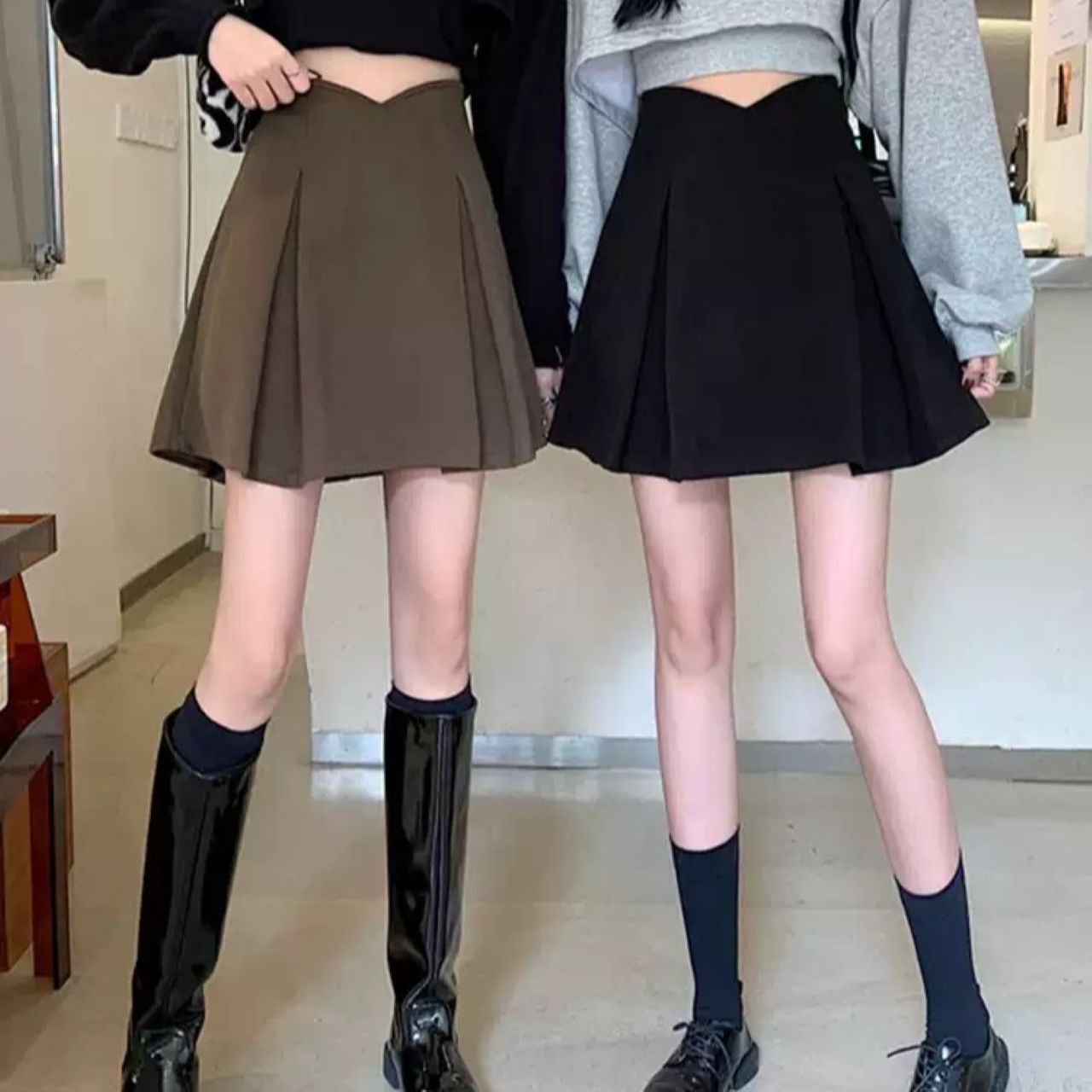 双子コーデ プリーツミニスカート ハイウエスト 韓国ガーリー