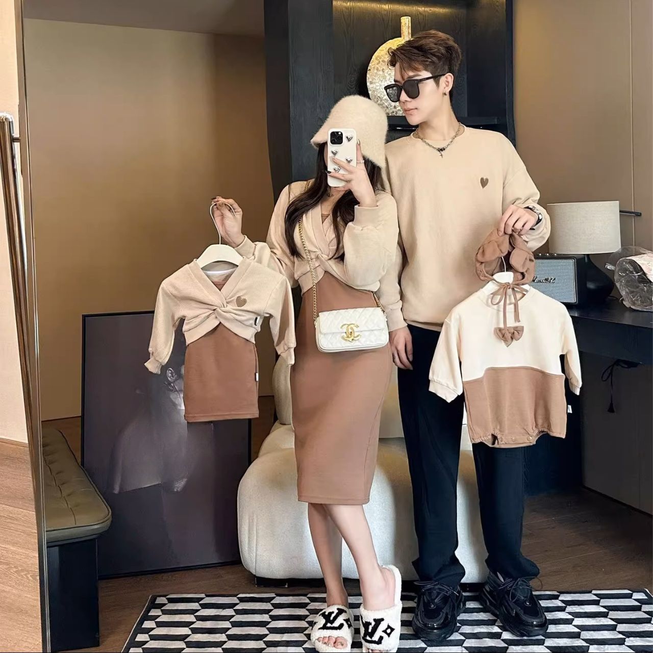 親子ペアルック ハートモチーフ トレーナー＆ワンピース＆ロンパース