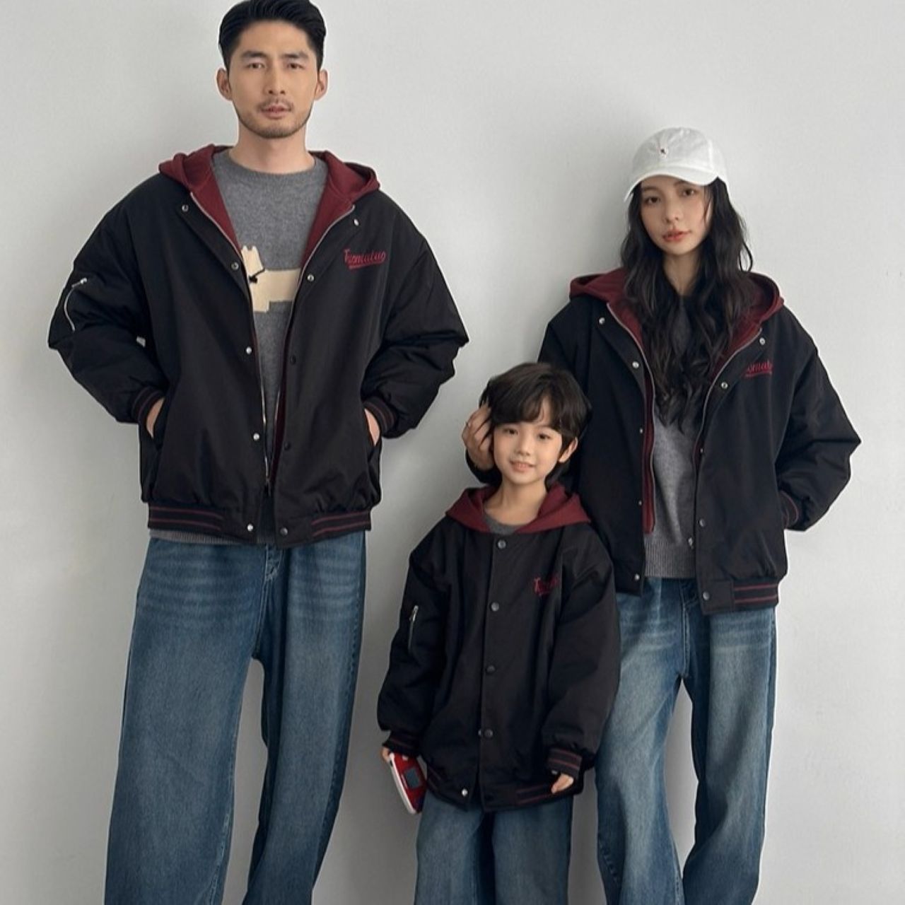 親子ペアルック ブラック×バーガンディ レイヤード風ジャケット