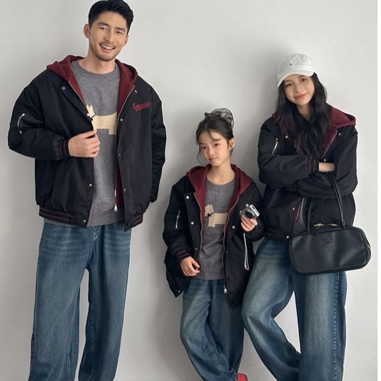 親子ペアルック ブラック×バーガンディ レイヤード風ジャケット