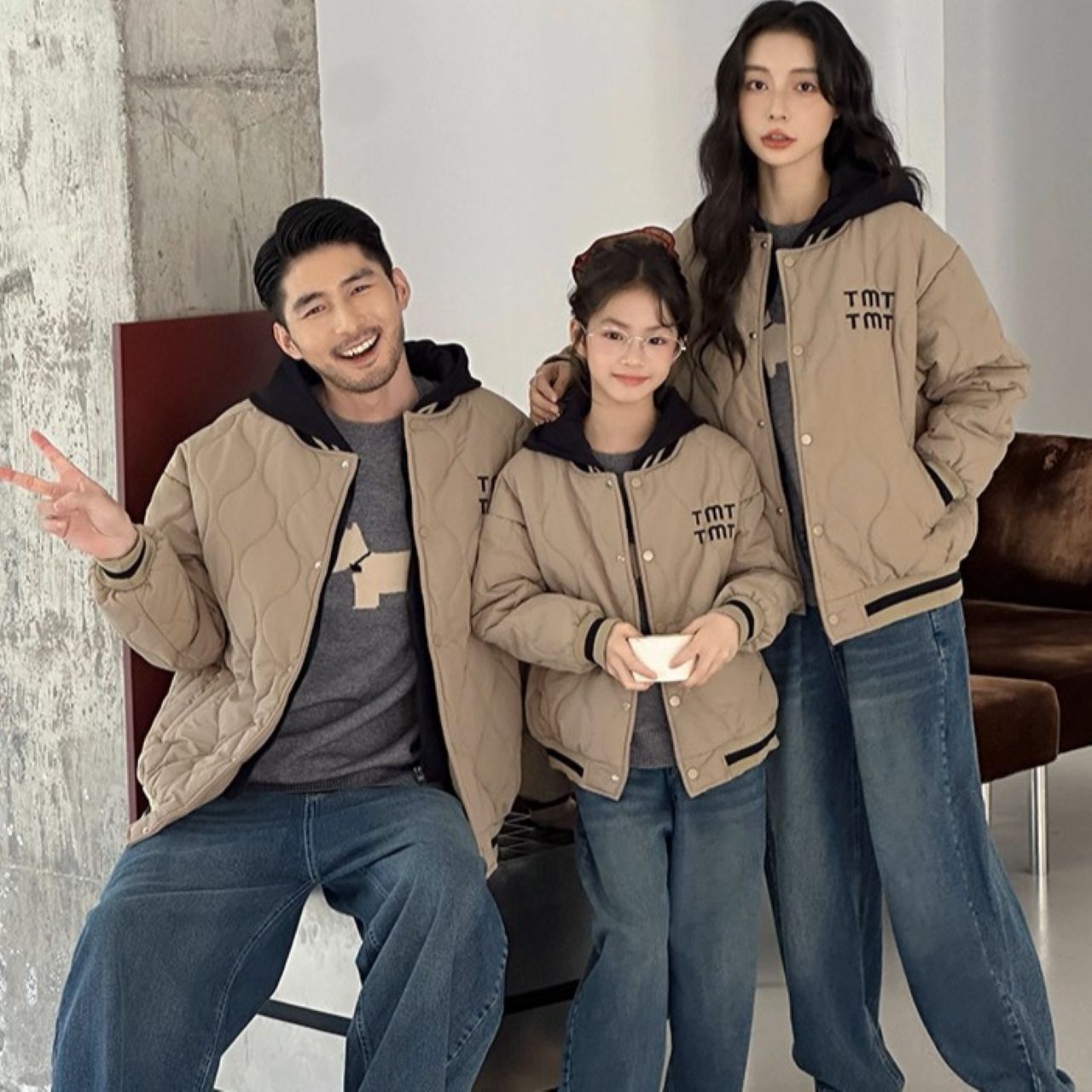 親子ペアルック くすみブラウン 中綿入りフードジャケット