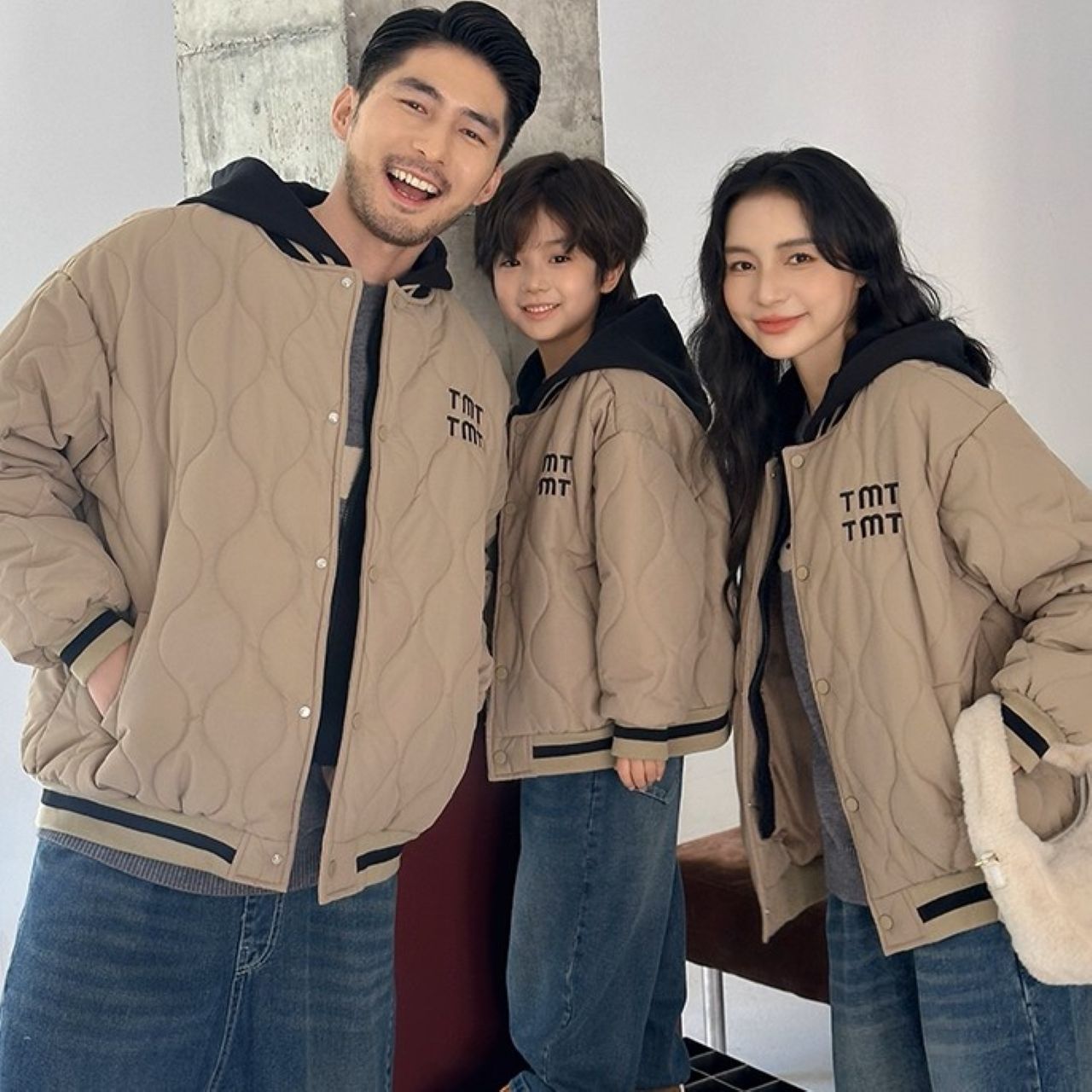 親子ペアルック くすみブラウン 中綿入りフードジャケット