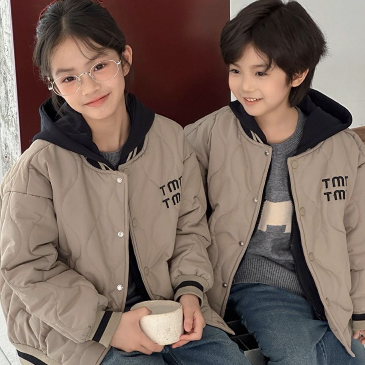 親子ペアルック くすみブラウン 中綿入りフードジャケット