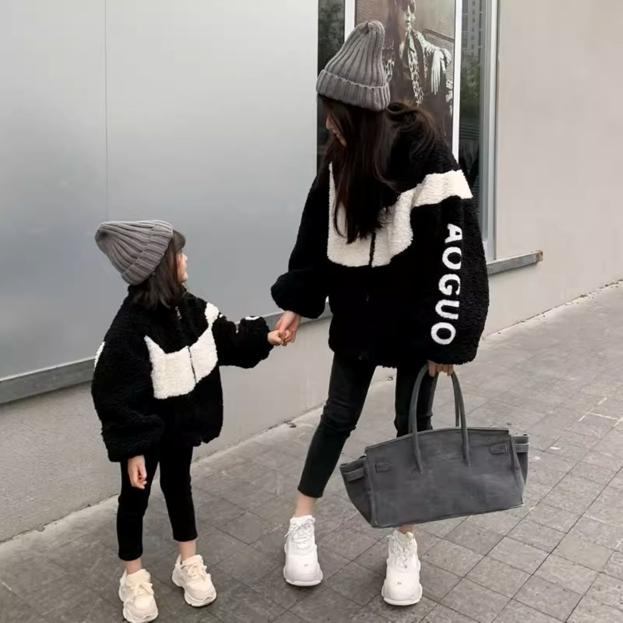 親子ペアルック カラーブロック ボアコート