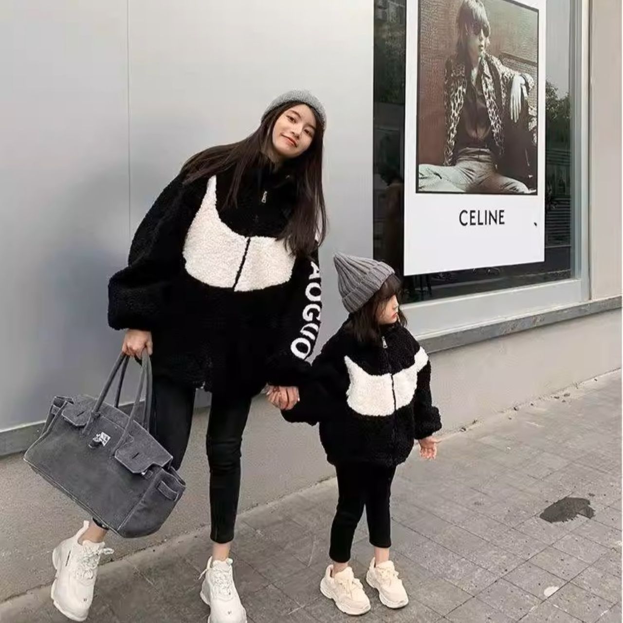 親子ペアルック カラーブロック ボアコート