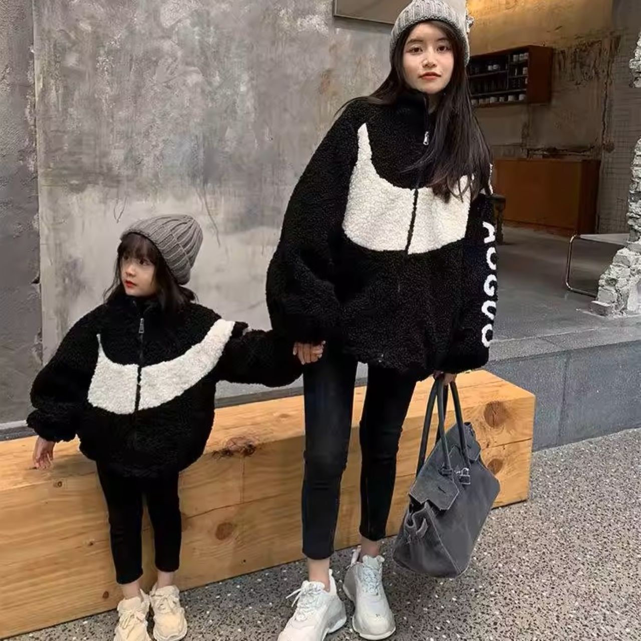 親子ペアルック カラーブロック ボアコート