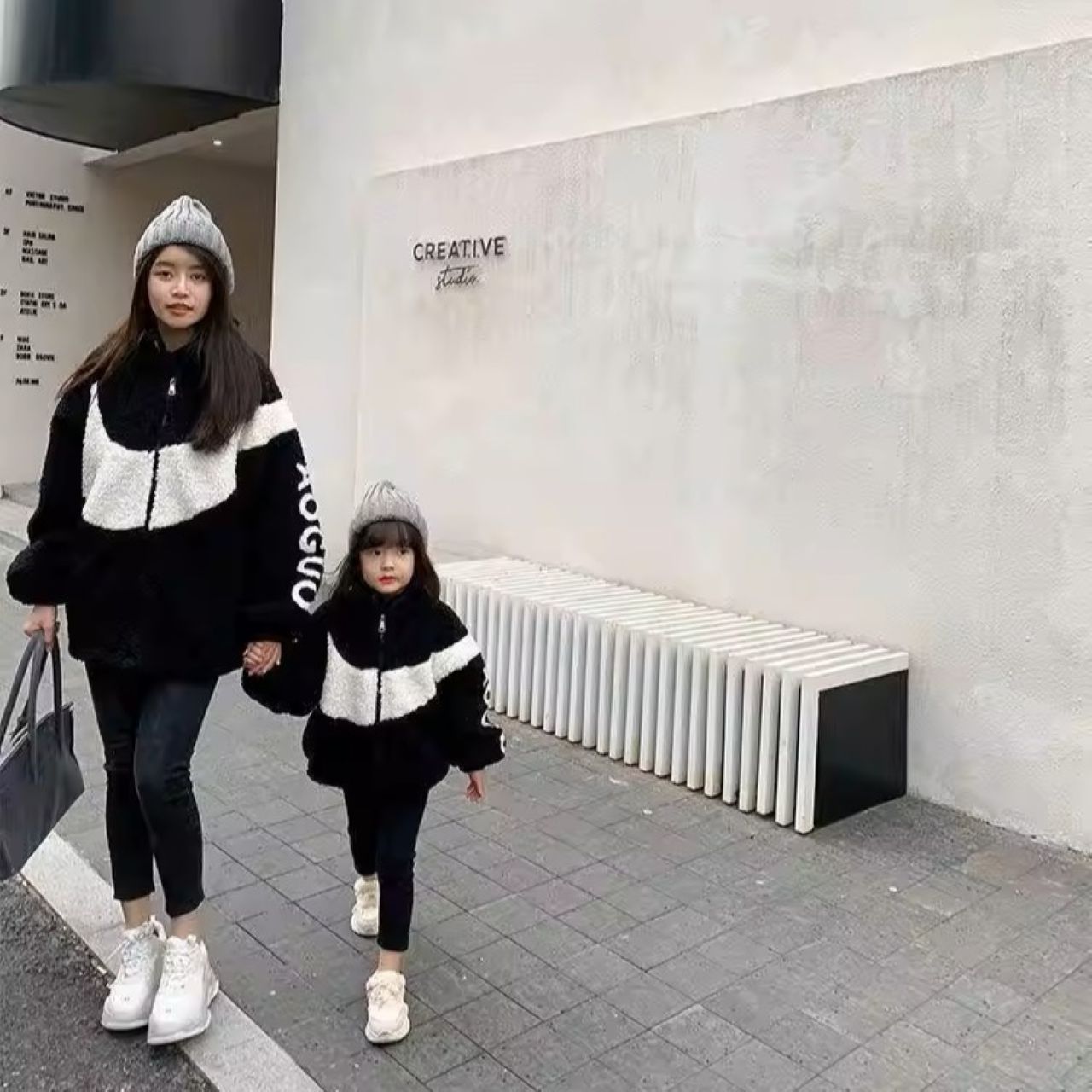 親子ペアルック カラーブロック ボアコート