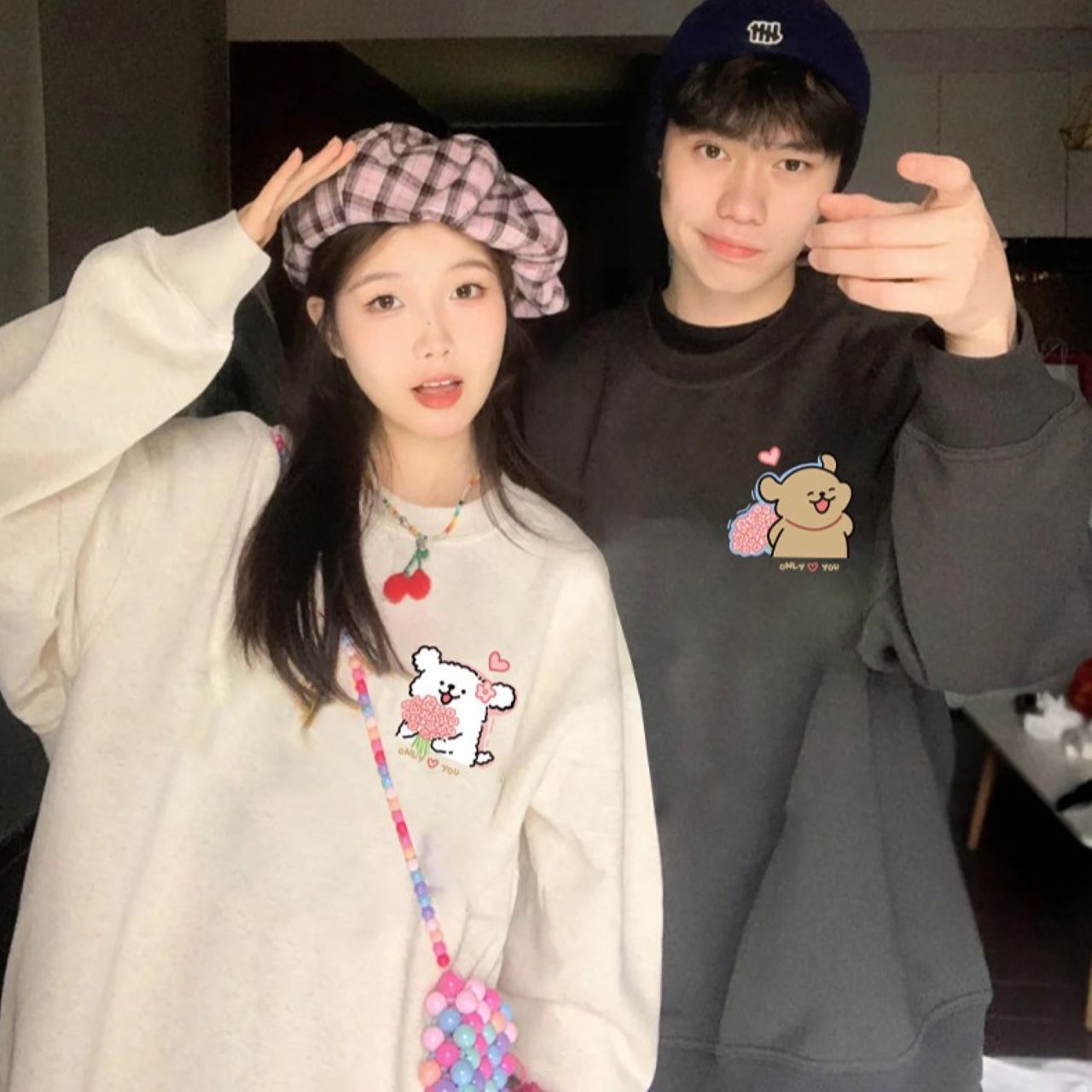 カップルペアルック フラワーベア トレーナー【2点セット】