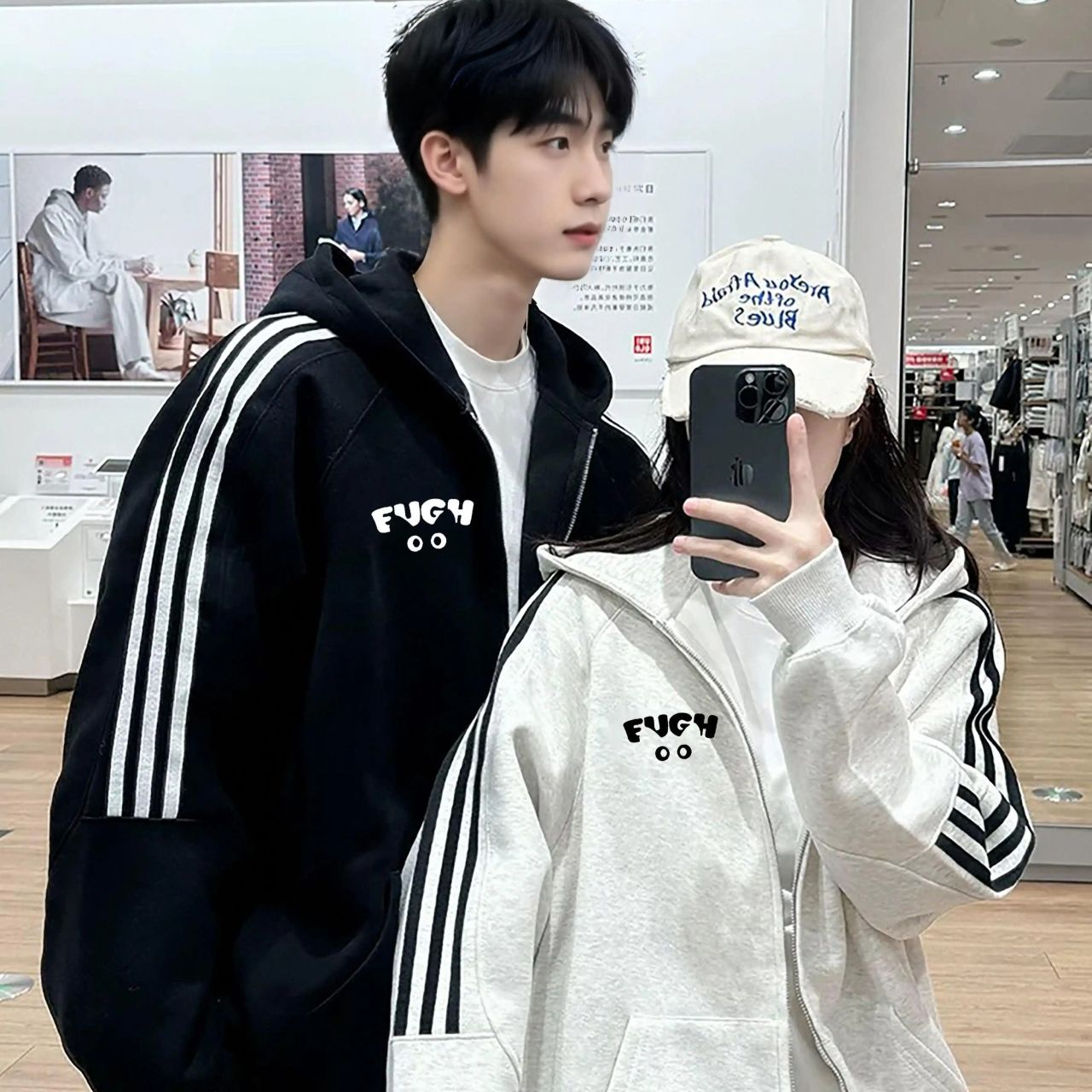 カップルペアルック ラインキャット ジップアップパーカー【2点セット】