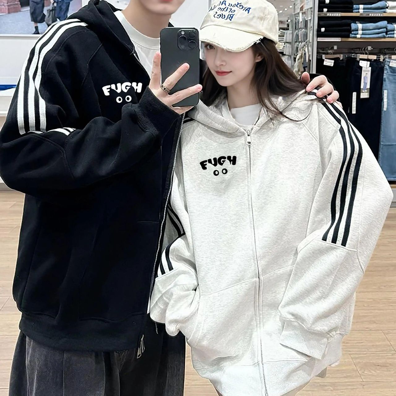 カップルペアルック ラインキャット ジップアップパーカー【2点セット】