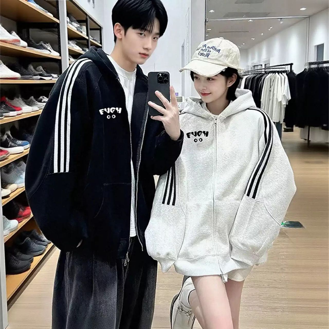 カップルペアルック ラインキャット ジップアップパーカー【2点セット】