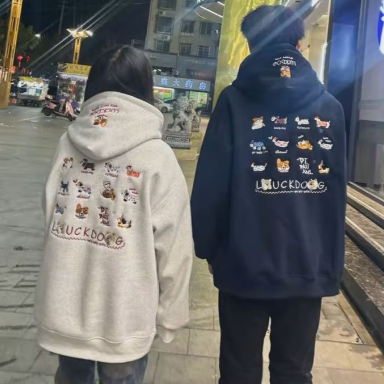 カップルペアルック ドック刺繍パーカー【2点セット】