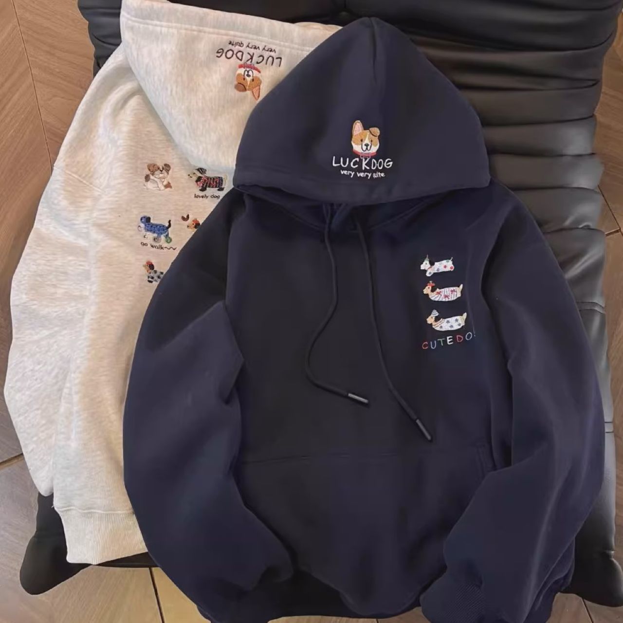 カップルペアルック ドック刺繍パーカー【2点セット】