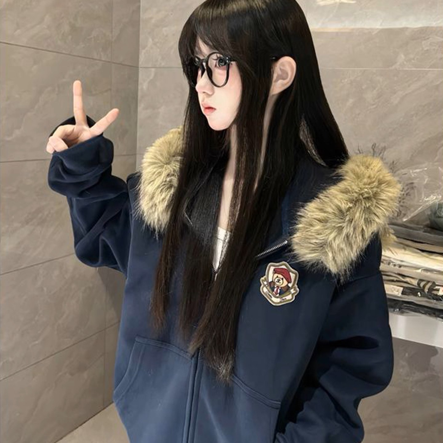 カップルペアルック ファー付き ベアプリントパーカー【2点セット】