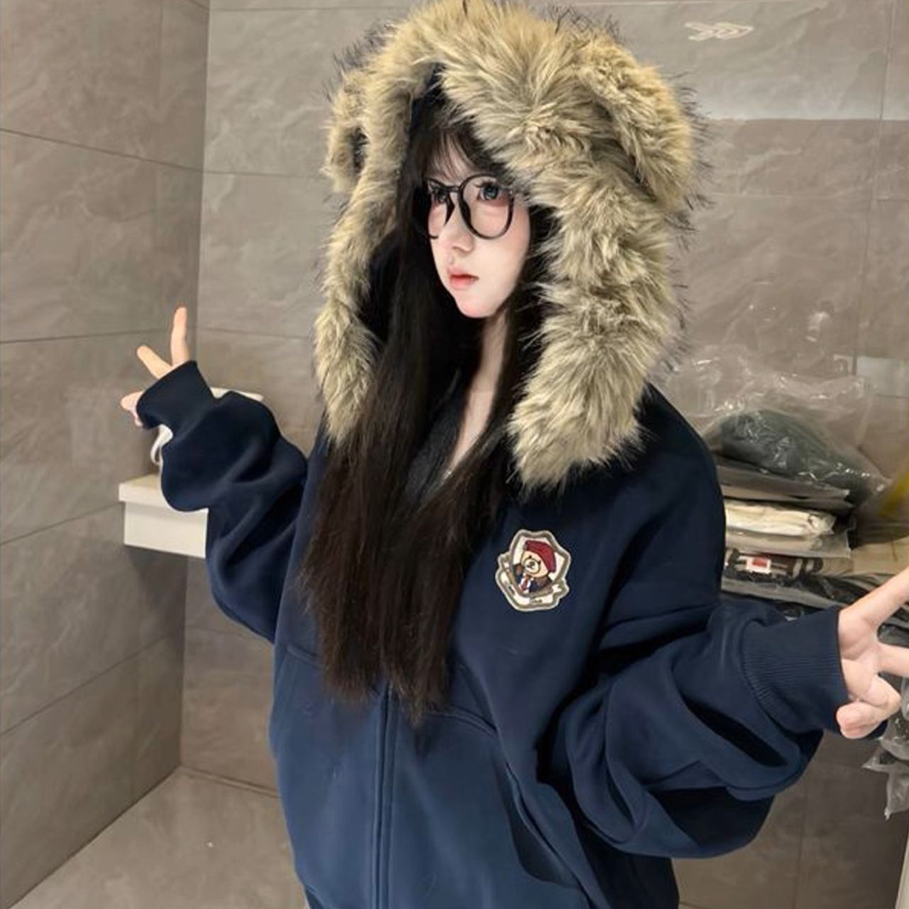 カップルペアルック ファー付き ベアプリントパーカー【2点セット】