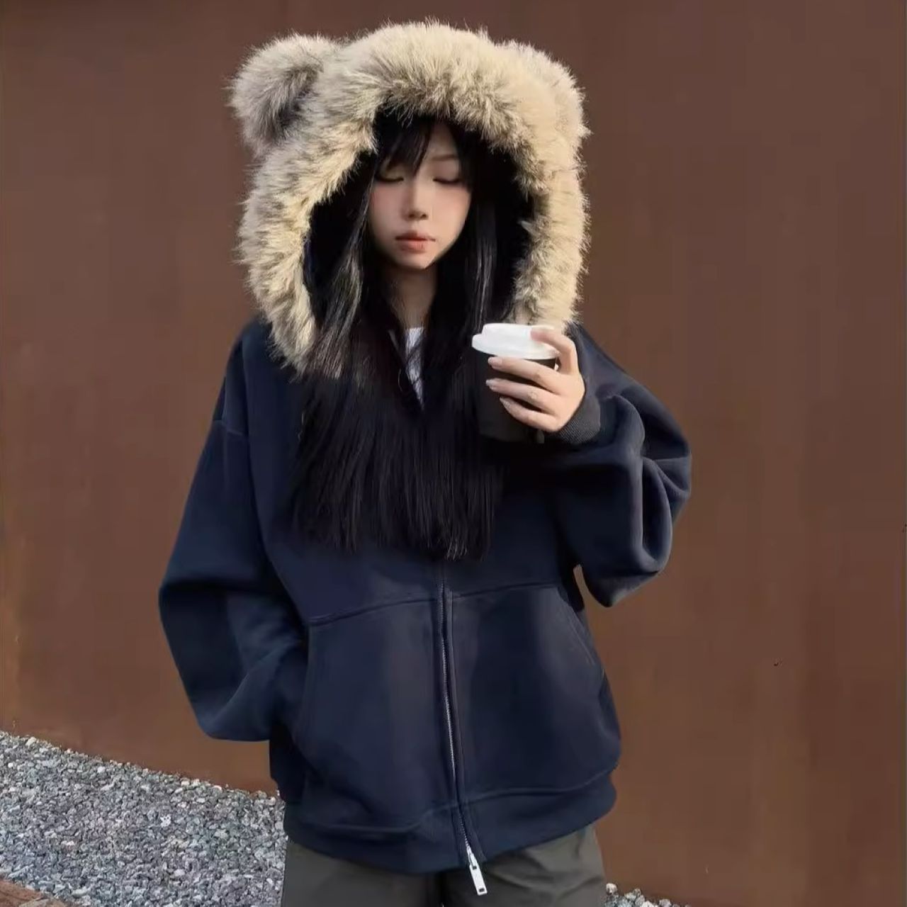 カップルペアルック ファー付き ベアプリントパーカー【2点セット】