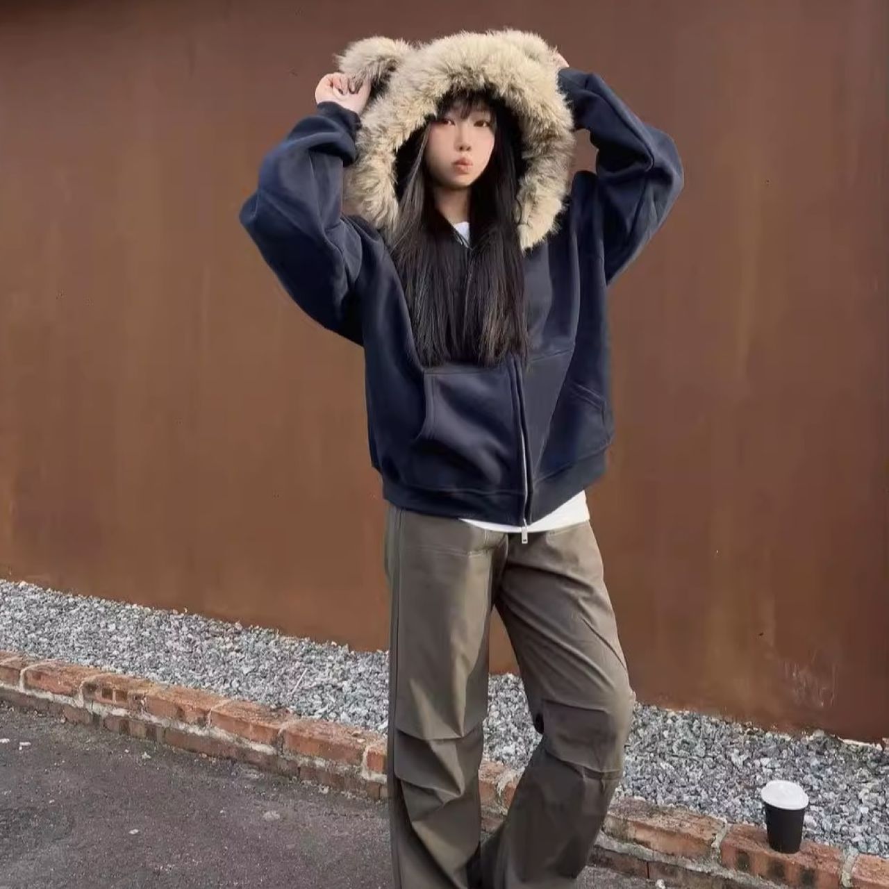 カップルペアルック ファー付き ベアプリントパーカー【2点セット】