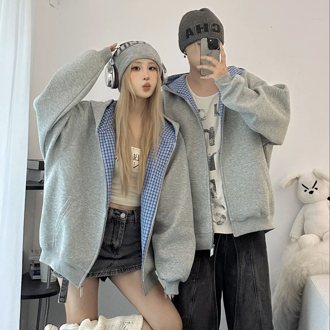 カップルペアルック インナーチェックデザイン グレーパーカー【2点セット】