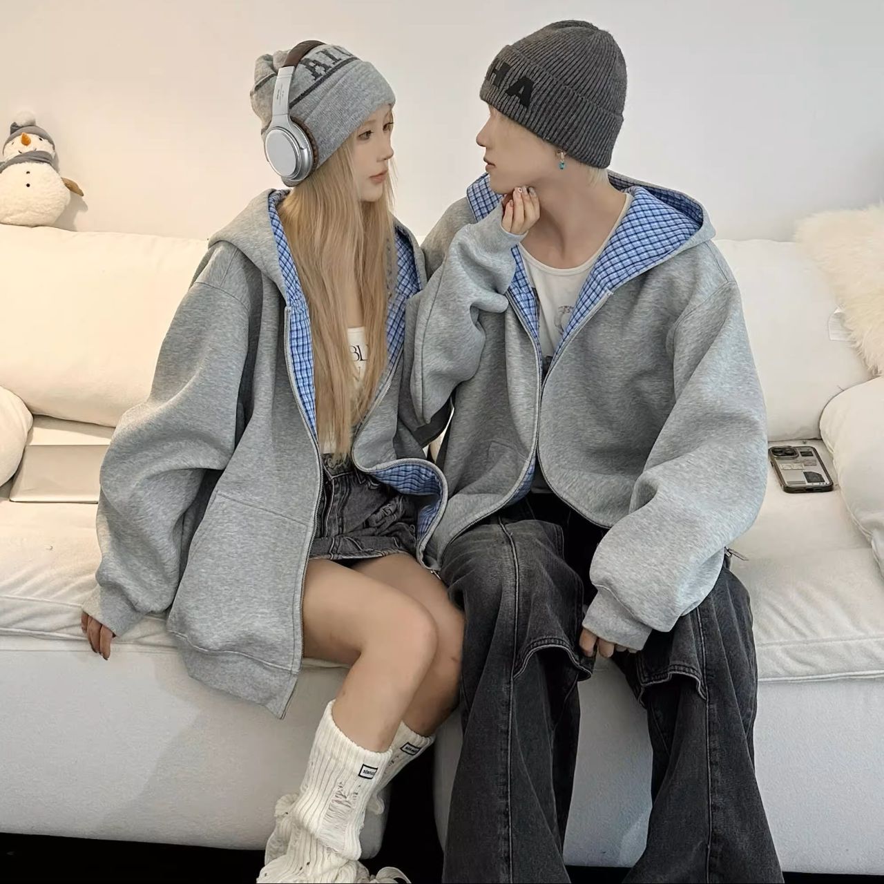 カップルペアルック インナーチェックデザイン グレーパーカー【2点セット】