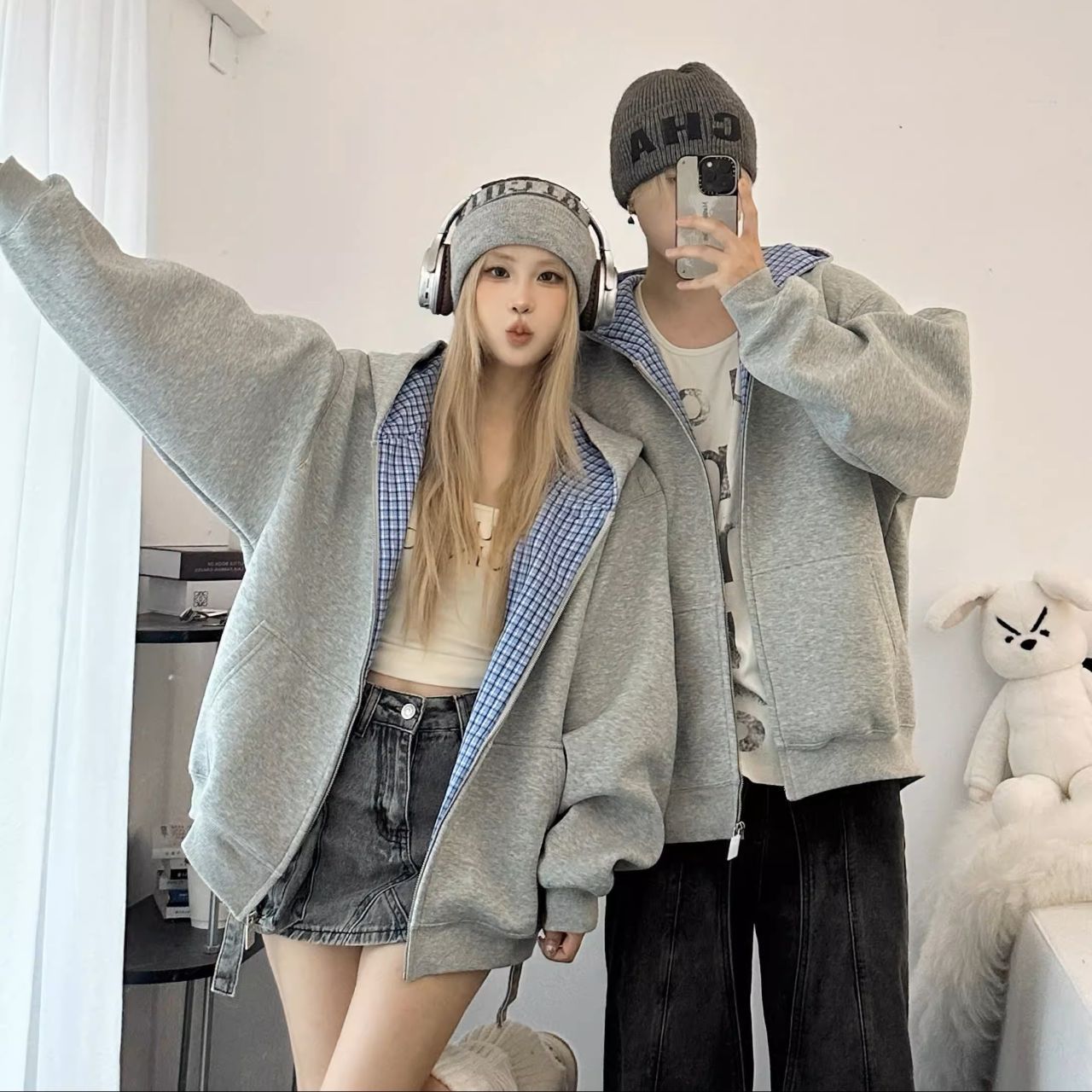カップルペアルック インナーチェックデザイン グレーパーカー【2点セット】