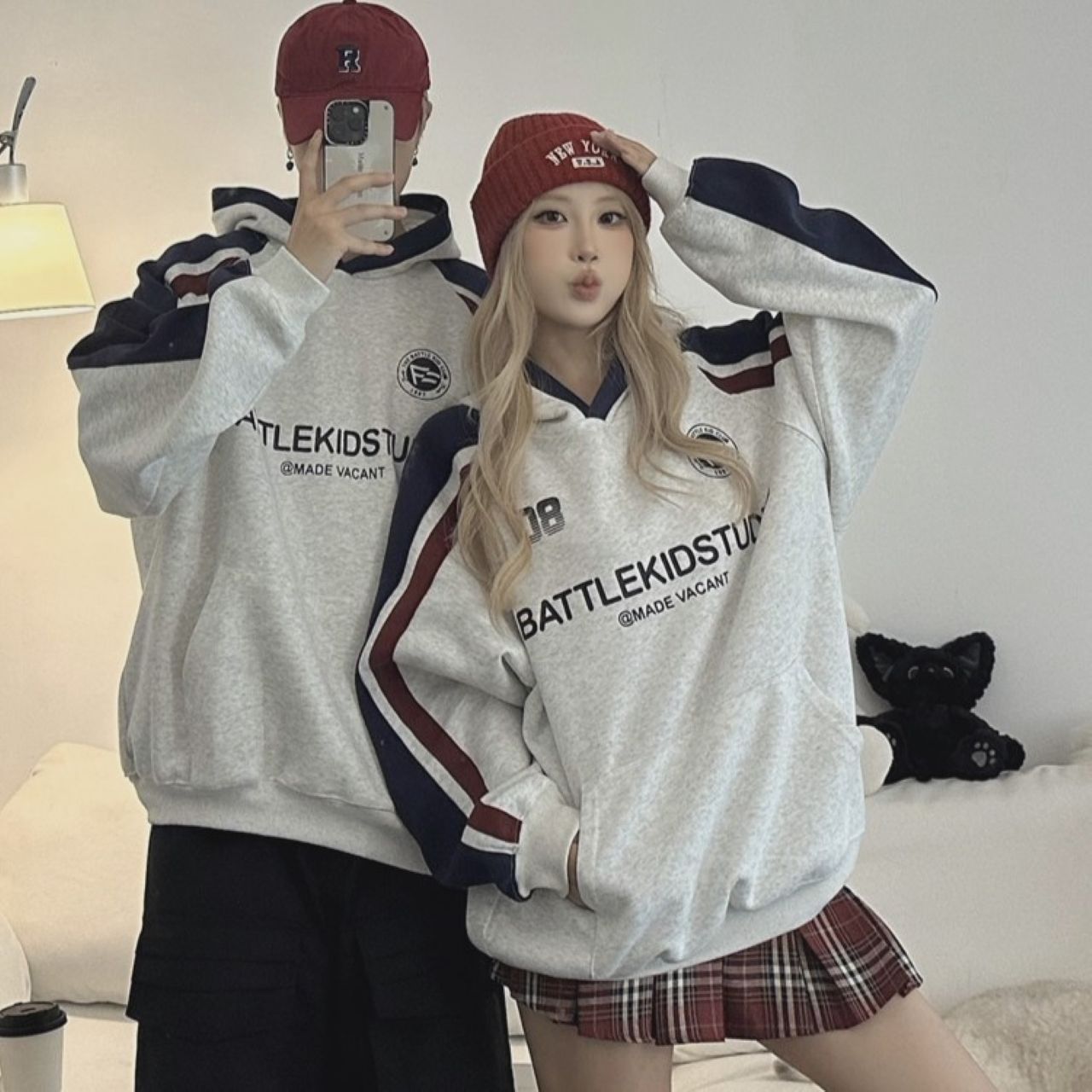 カップルペアルック ヴィンテージカラー配色パーカー【2点セット】