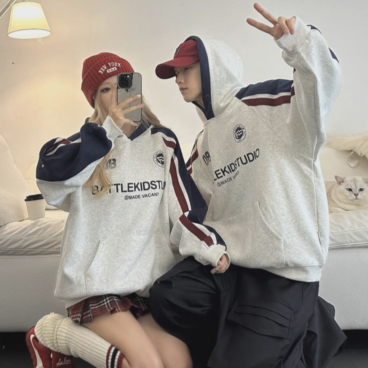 カップルペアルック ヴィンテージカラー配色パーカー【2点セット】