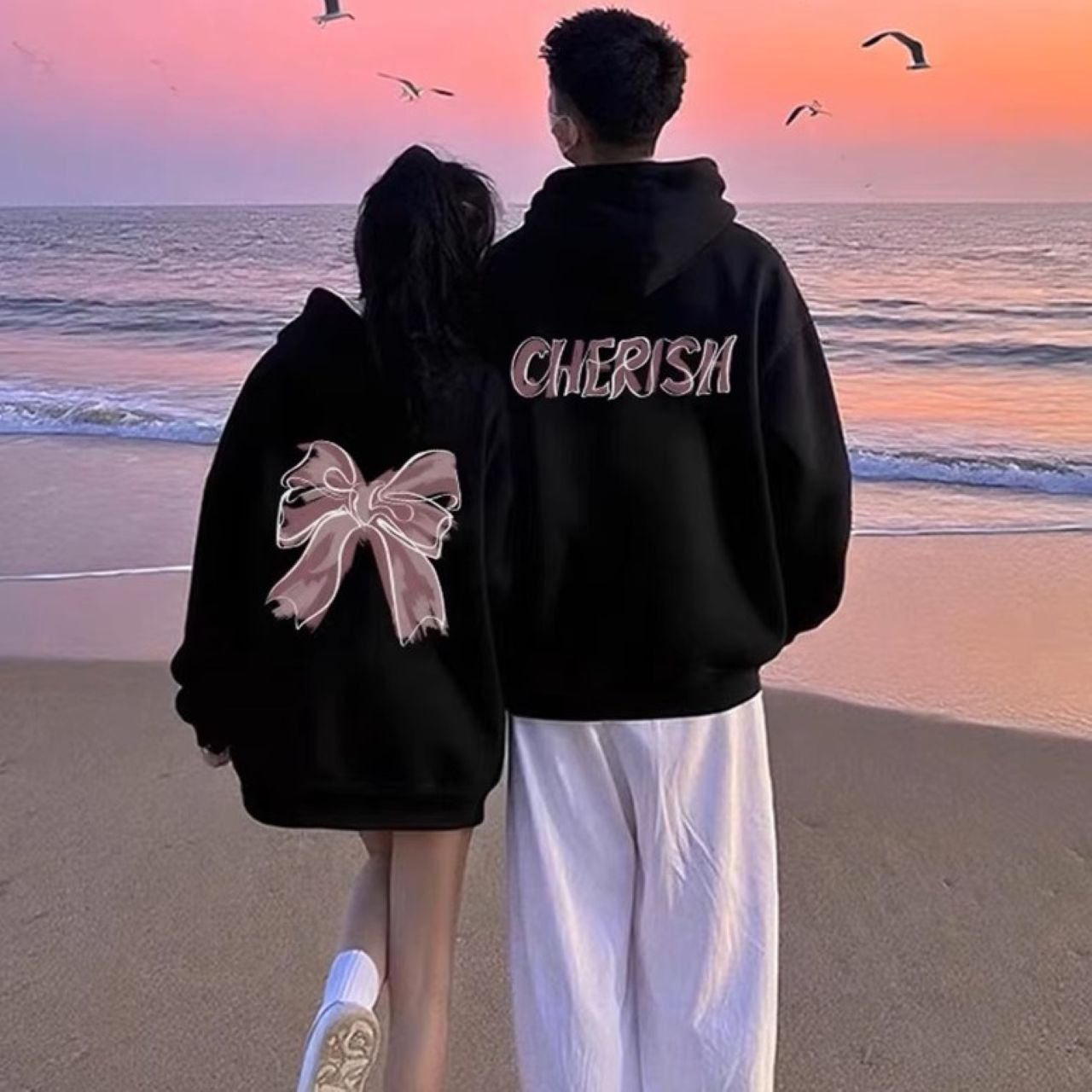 カップルペアルック CHERISHリボン パーカー