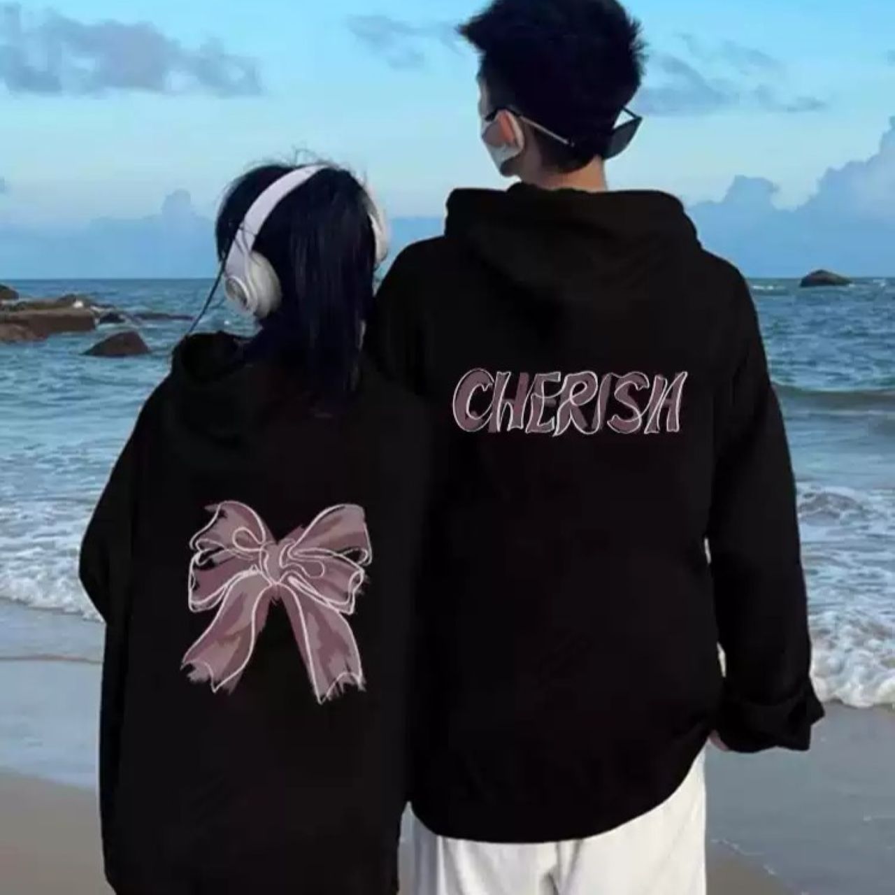 カップルペアルック CHERISHリボン パーカー