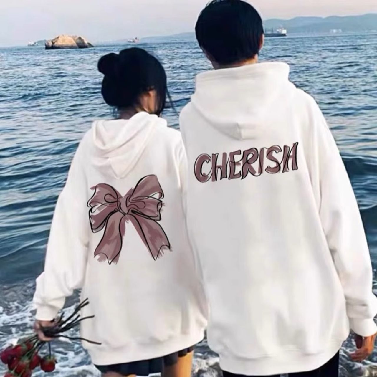 カップルペアルック CHERISHリボン パーカー