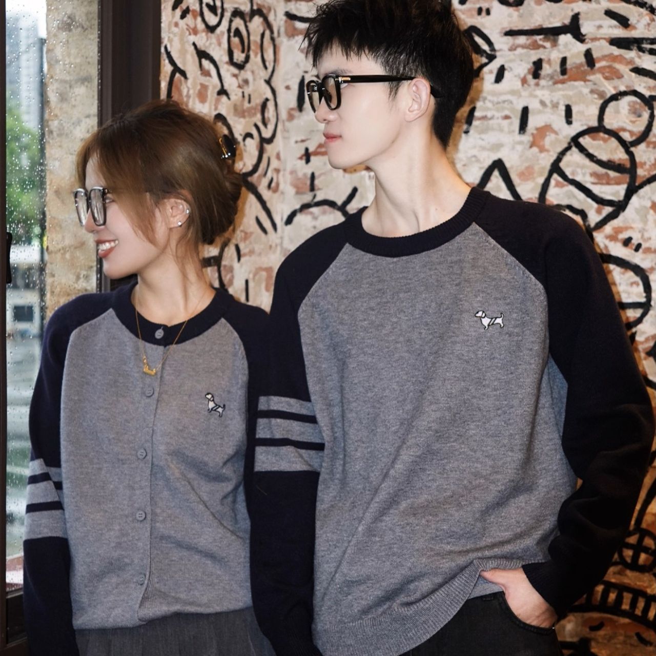 カップルペアルック 犬ワンポイント 上品ニットカーディガン