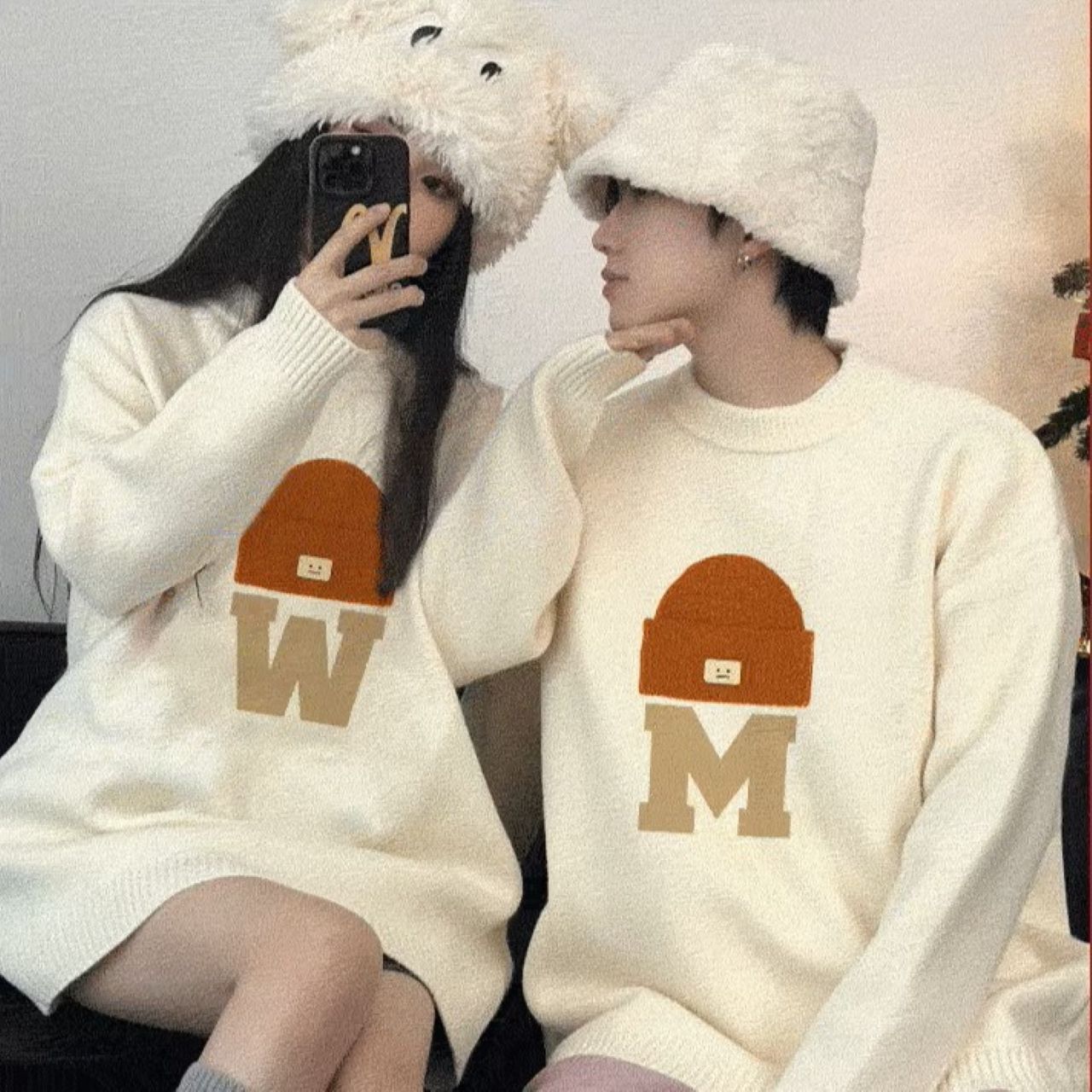 カップルペアルック WMロゴ＆キャップデザイン ニット