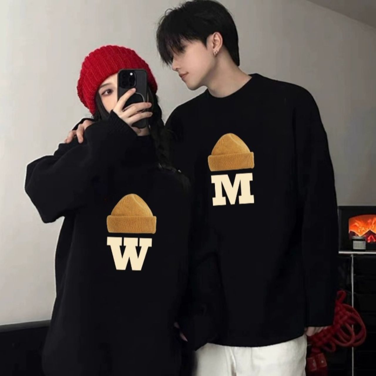 カップルペアルック WMロゴ＆キャップデザイン ニット