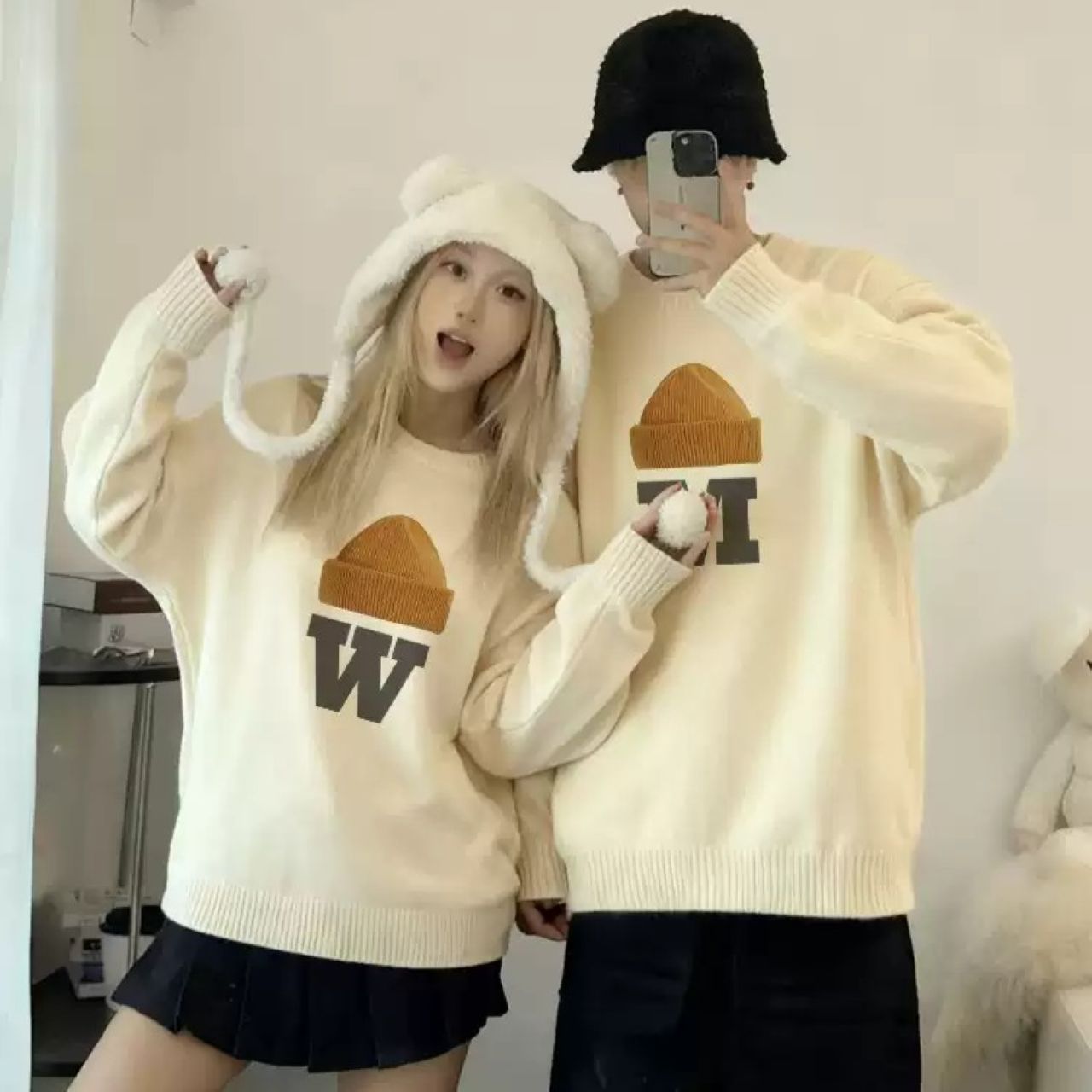 カップルペアルック WMロゴ＆キャップデザイン ニット