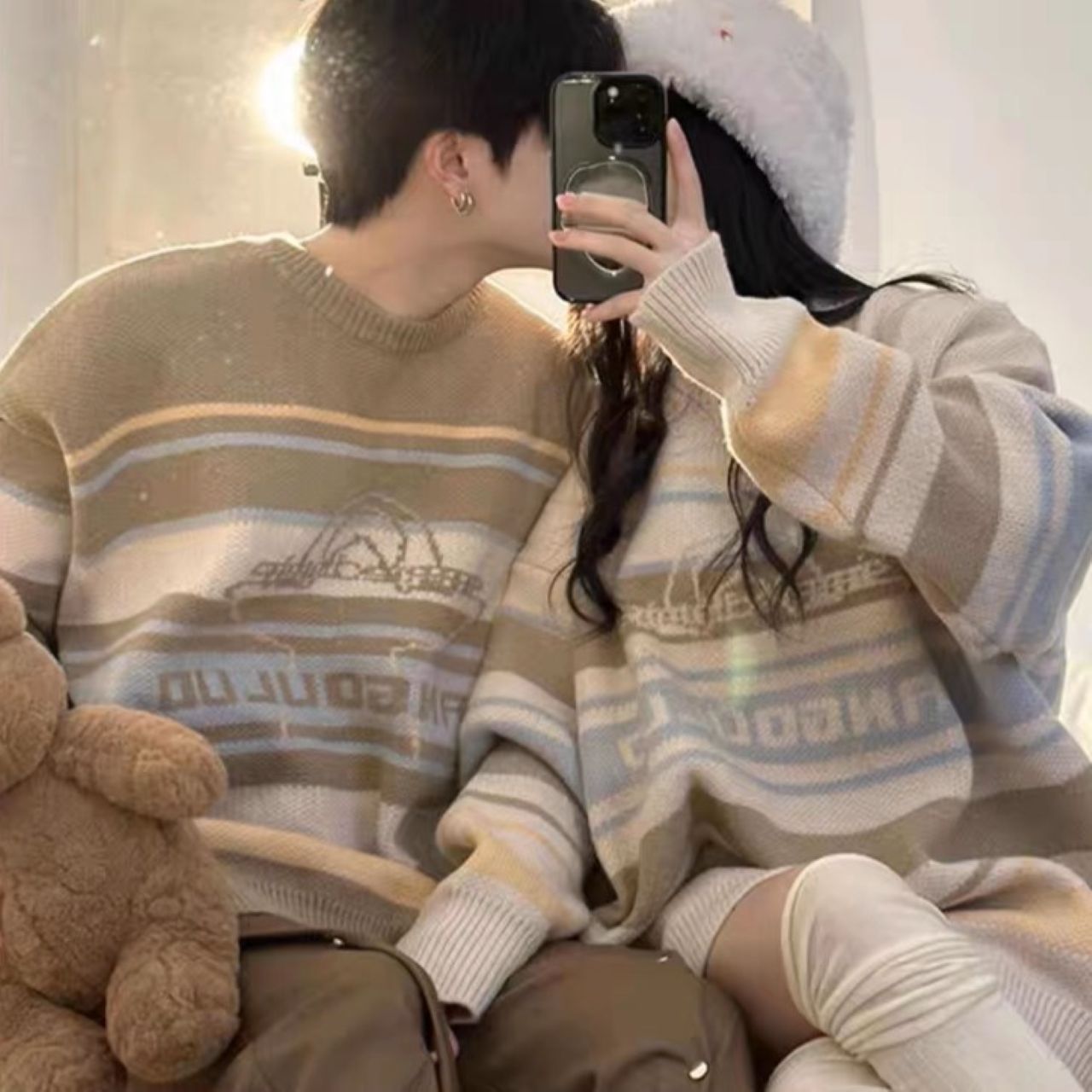 カップルペアルック モカベージュ ボーダーニット【2点セット】