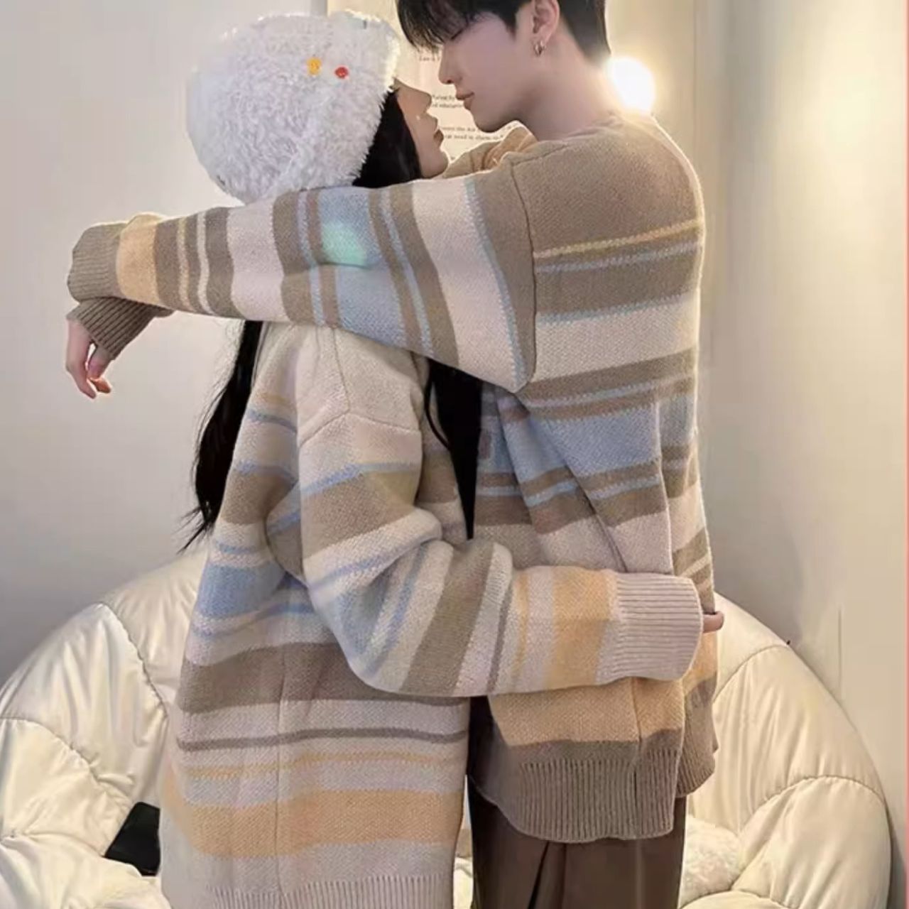 カップルペアルック モカベージュ ボーダーニット【2点セット】