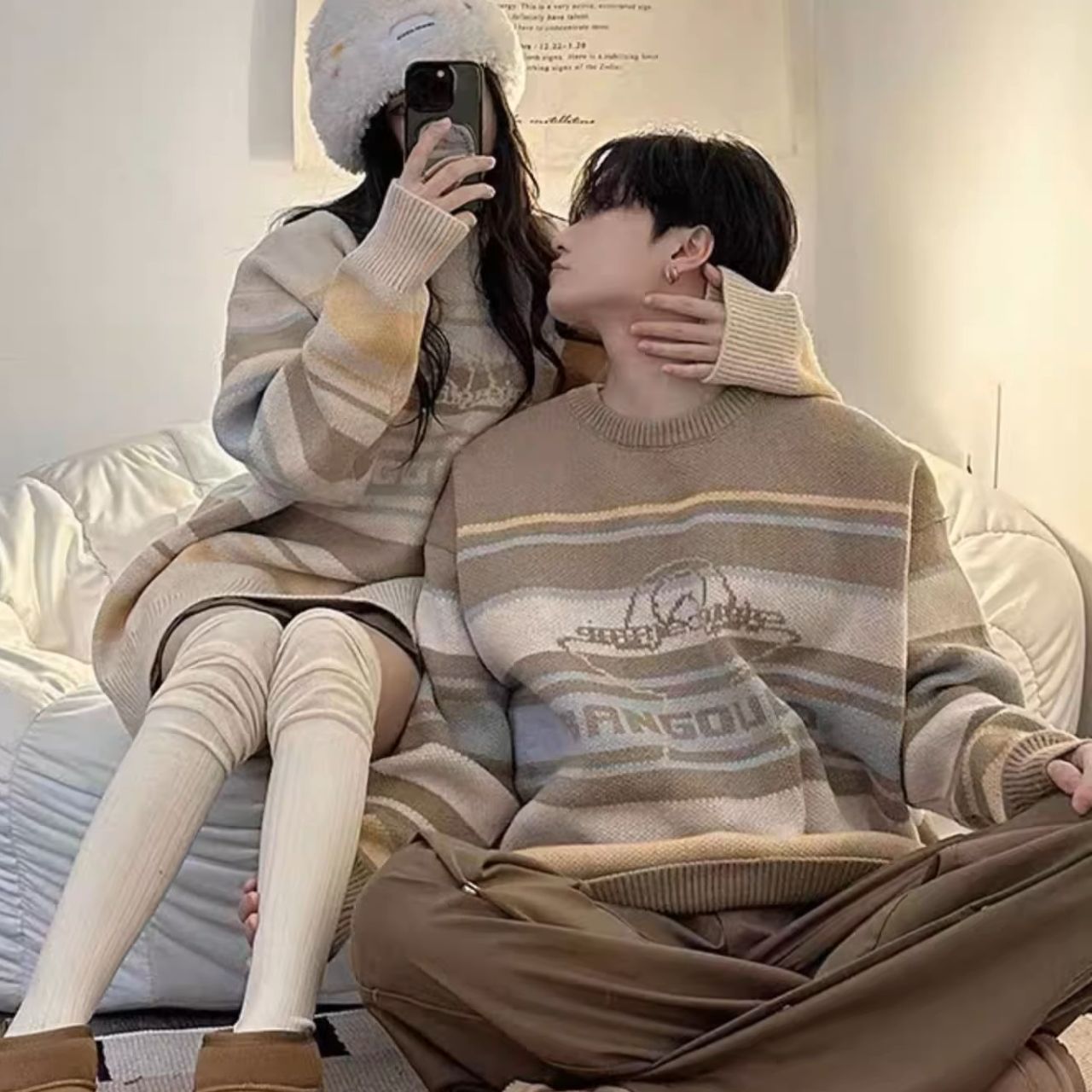 カップルペアルック モカベージュ ボーダーニット【2点セット】