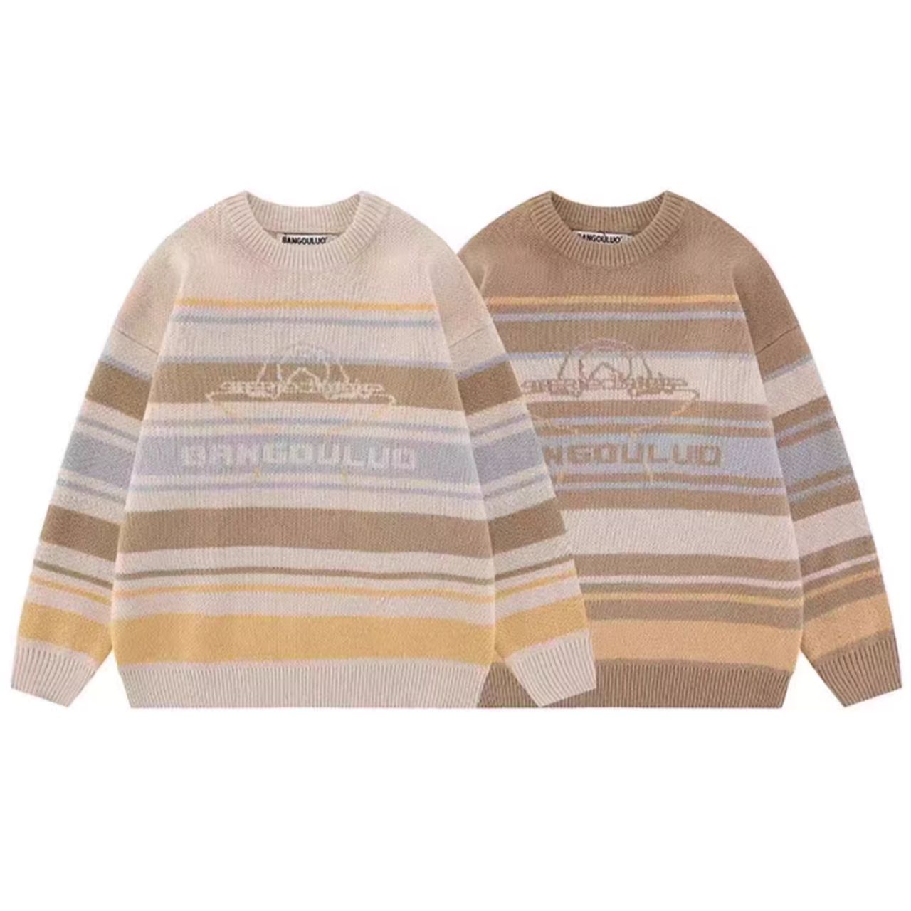 カップルペアルック モカベージュ ボーダーニット【2点セット】