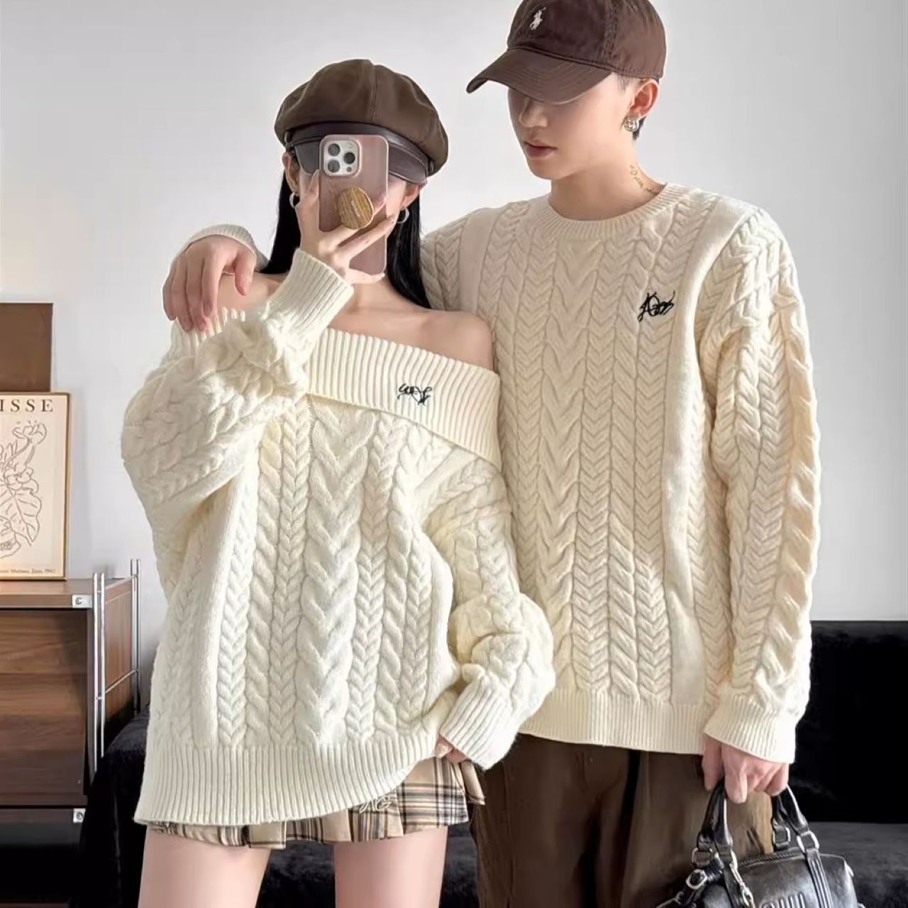 カップルペアルック ゆったりケーブルニット ホワイト