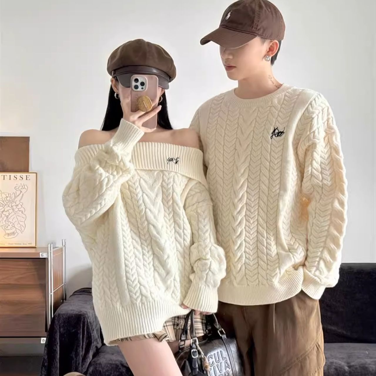 カップルペアルック ゆったりケーブルニット ホワイト