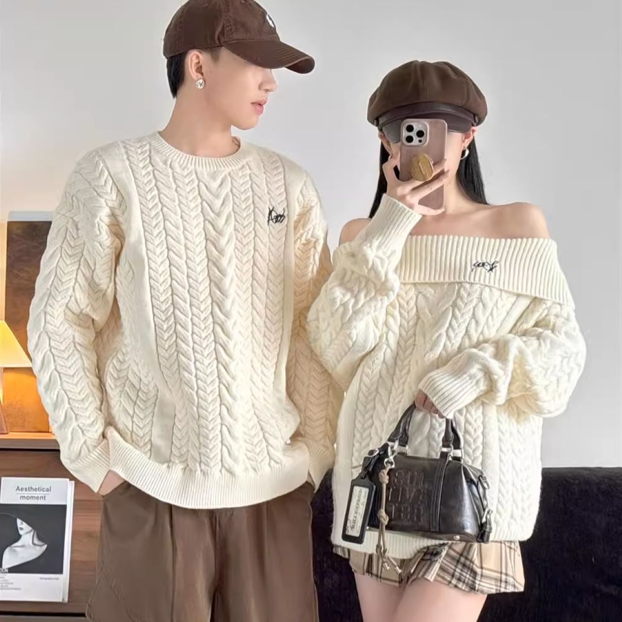 カップルペアルック ゆったりケーブルニット ホワイト