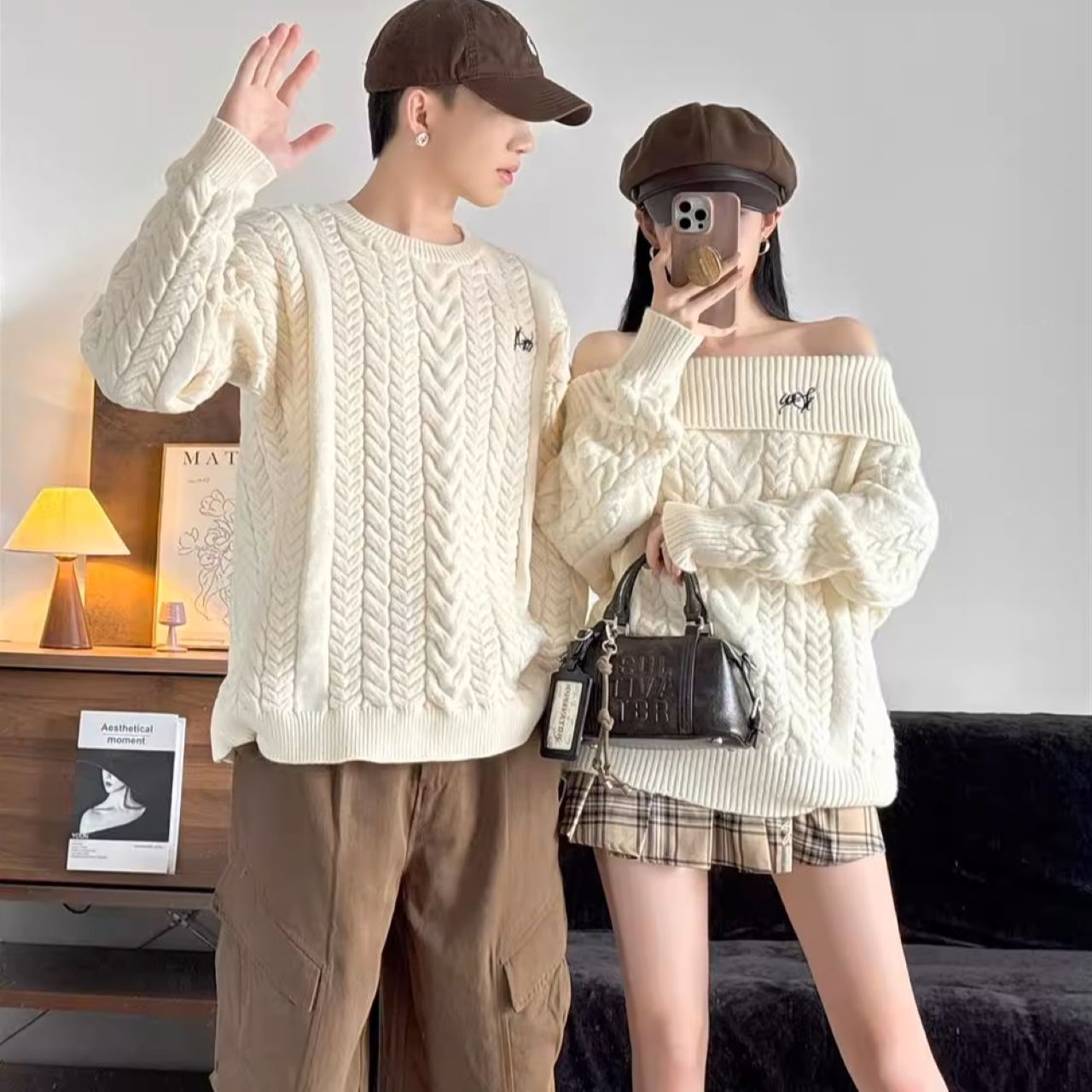 カップルペアルック ゆったりケーブルニット ホワイト