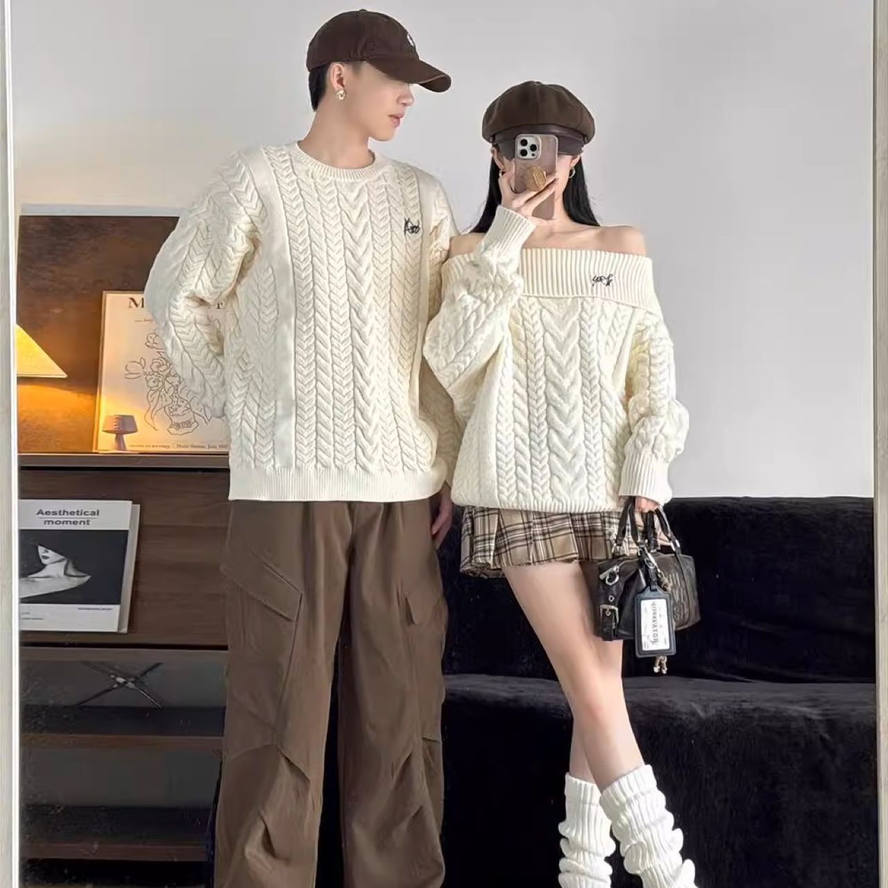 カップルペアルック ゆったりケーブルニット ホワイト