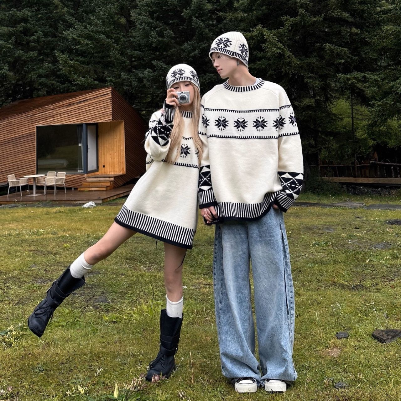 カップルペアルック 北欧テイスト ゆったりニット 
