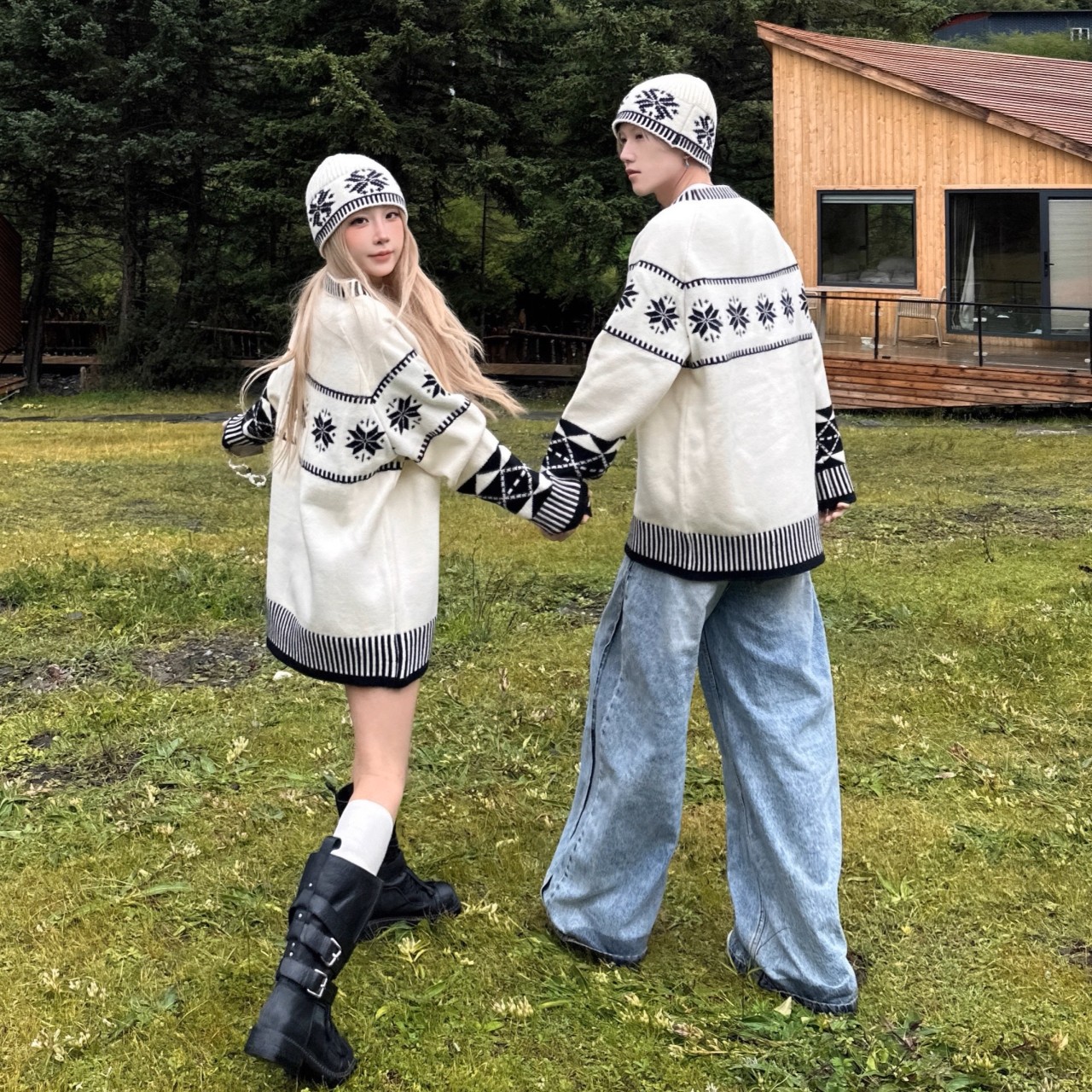 カップルペアルック 北欧テイスト ゆったりニット 