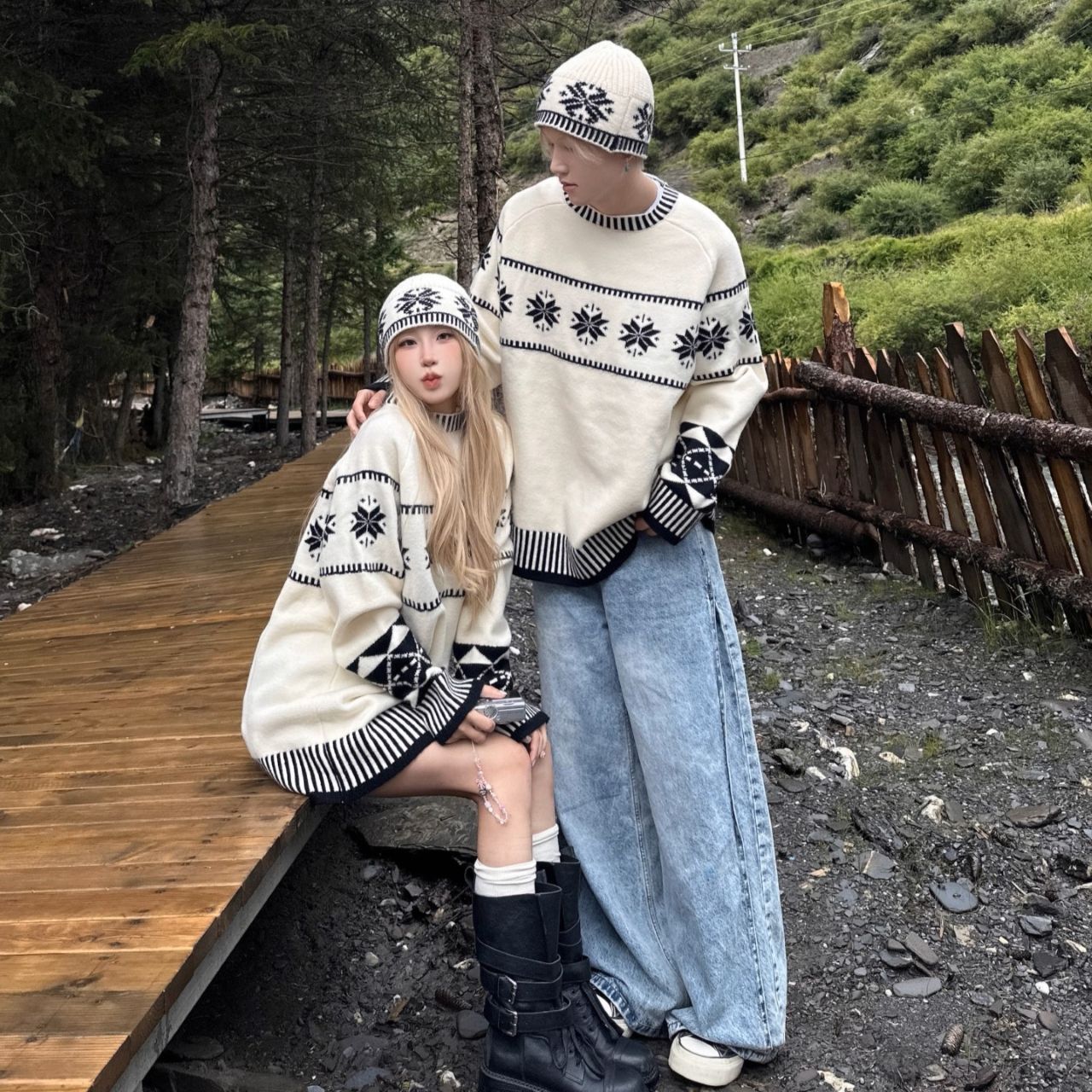 カップルペアルック 北欧テイスト ゆったりニット 