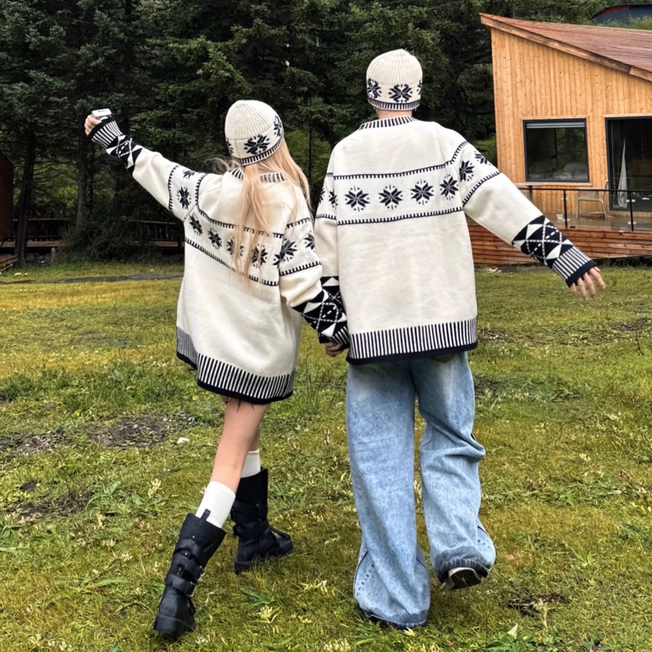 カップルペアルック 北欧テイスト ゆったりニット 